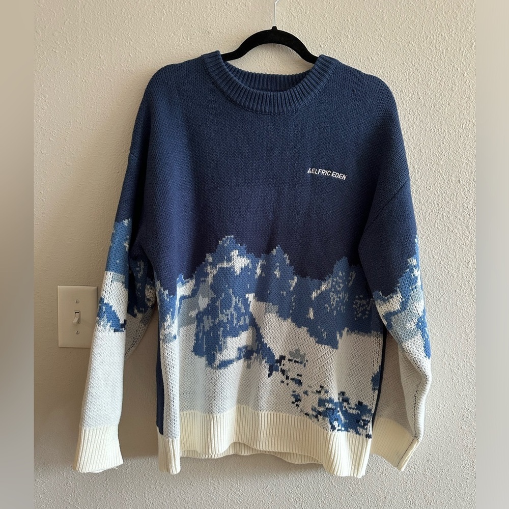 AELFRIC EDEN blue knit mountain sweater size medium